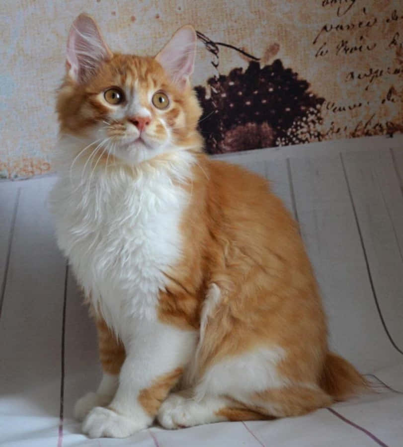 Kurilian Bobtail 桌布 壁紙 — 一隻毛茸茸的橙色和白色小貓警覺地坐在淺色木地板上，背景是復古字體牆紙。