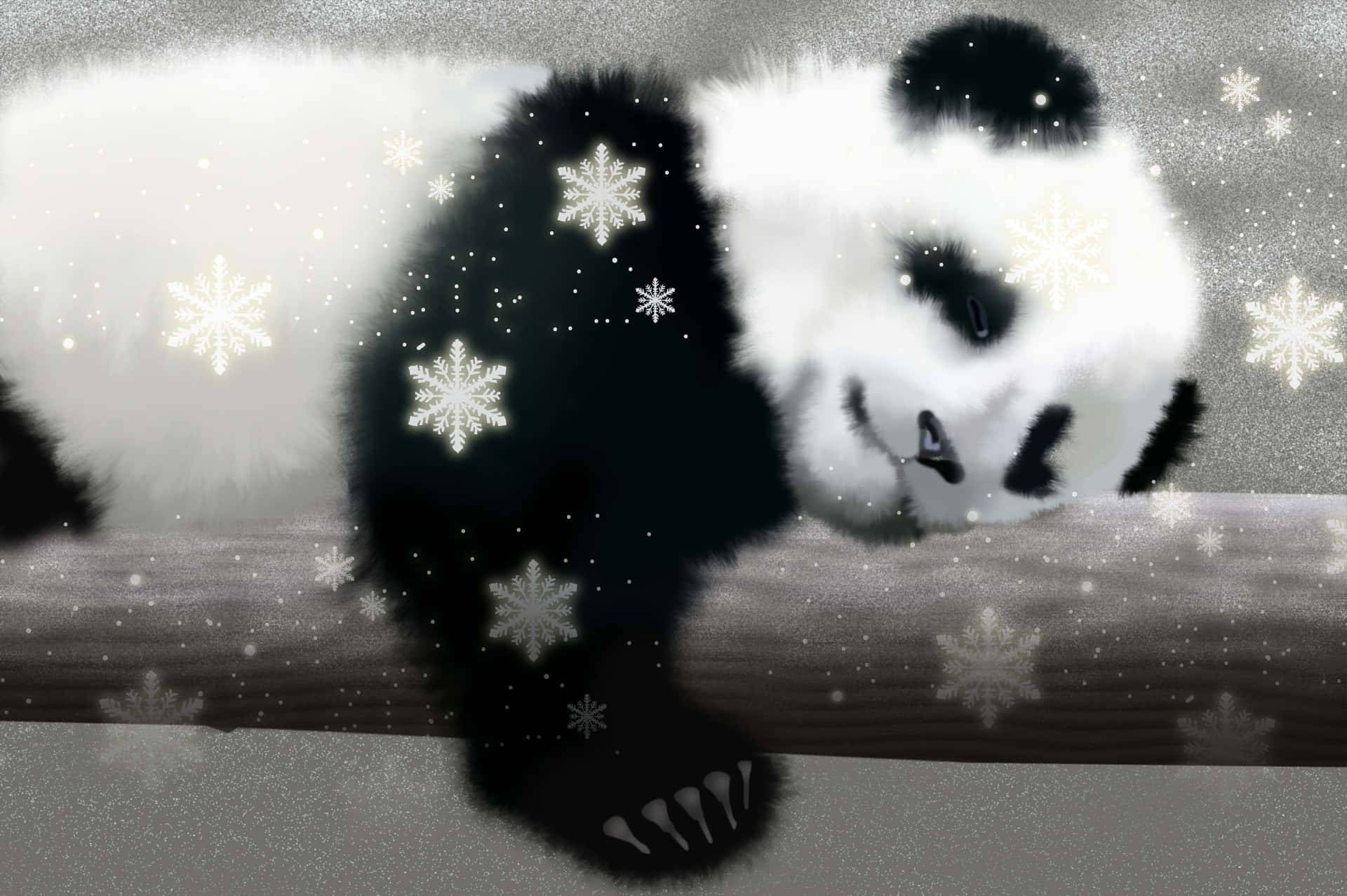 Kawaii Panda 桌布 壁紙 — 一隻毛茸茸的熊貓在積雪的圓木上安詳地休息，發光的雪花在周圍飄舞，構成寧靜的冬日場景。