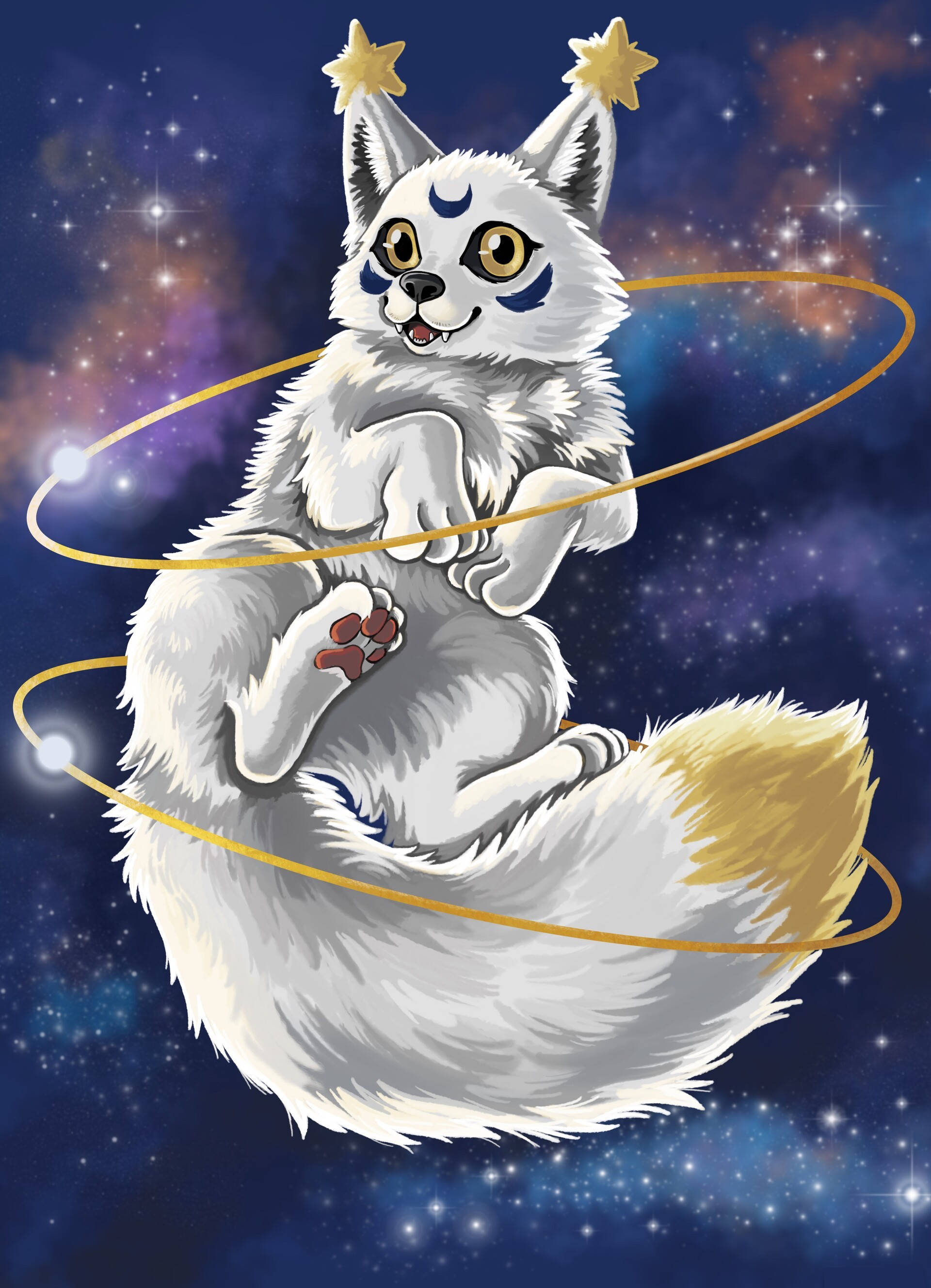 銀河狼 桌布 壁紙 — 一隻毛茸茸的白狐，耳朵尖端有星星，在宇宙星雲中快樂地漂浮，周圍環繞著發光的環。