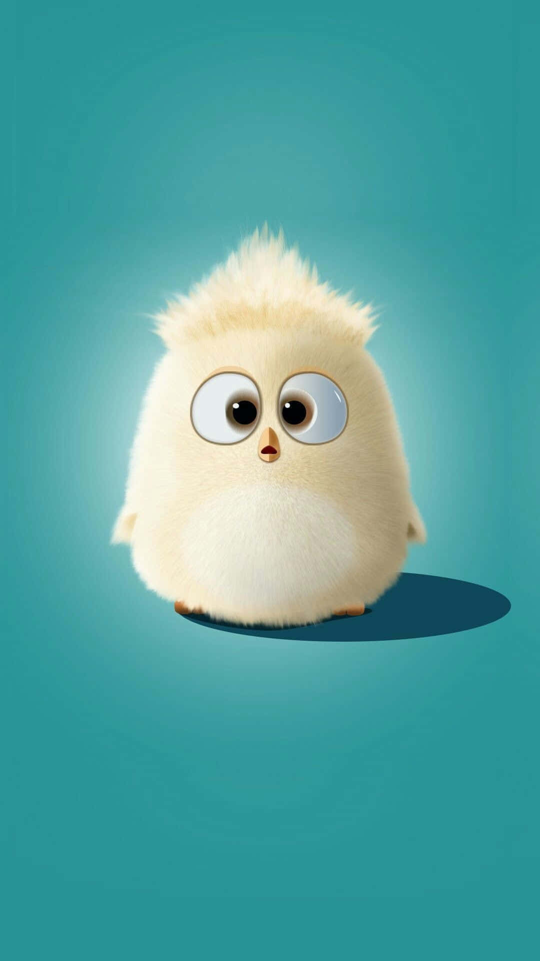 Kawaii Bird 桌布 壁紙 — 一隻毛茸茸的白色卡通小雞，有著巨大的圓眼睛，坐在純青色背景中央。