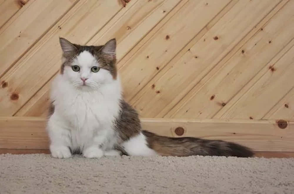 Napoleon Cat 桌布 壁紙 — 一隻毛茸茸的白色和棕色貓咪平靜地坐在米色地毯上，背景是淺色木牆板。