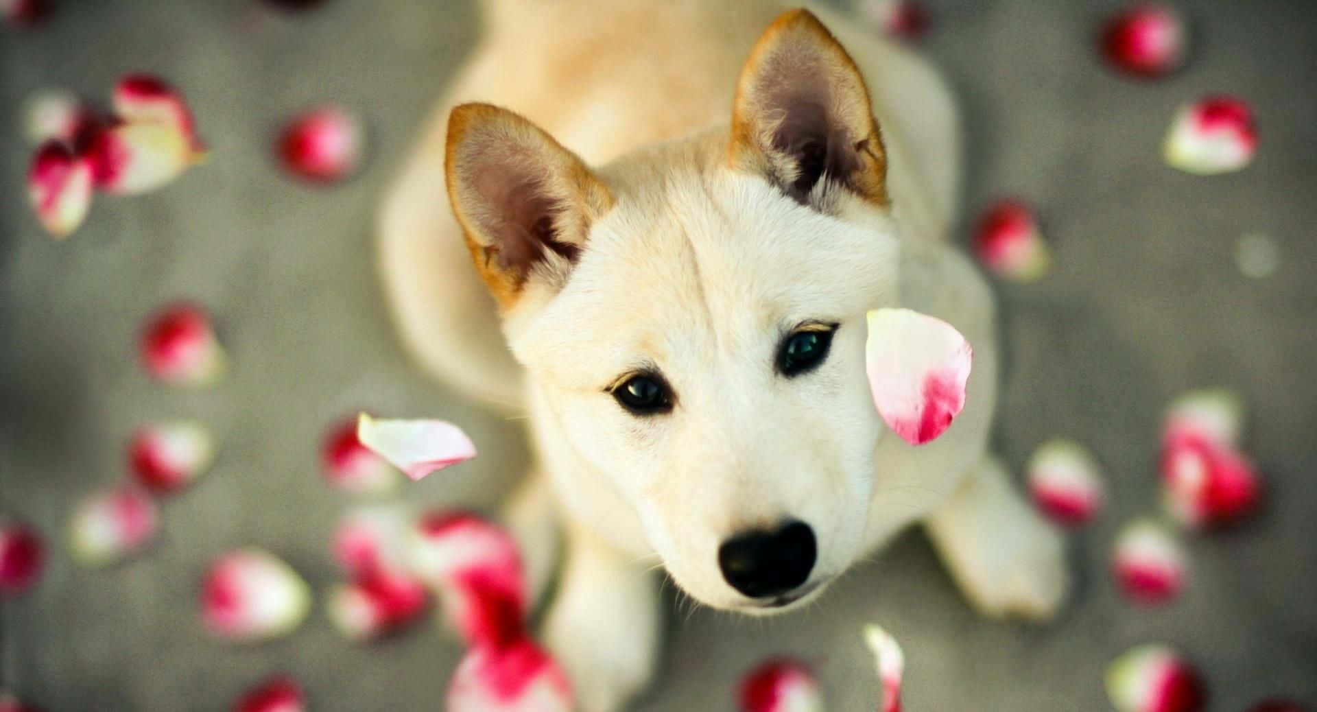 Cute HD 桌布 壁紙 — 一隻毛茸茸的白色小狗，深色眼睛，抬頭凝視，周圍散落著粉紅色和白色的玫瑰花瓣，在灰色表面上。