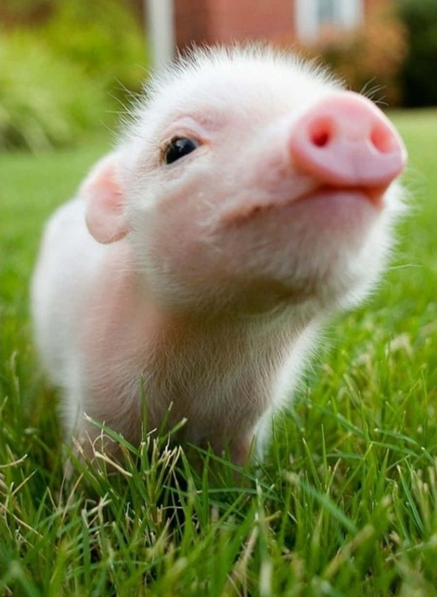 Piggy 桌布 壁紙 — 一隻毛茸茸的白色小豬，粉紅色的鼻子，好奇地從鮮綠色的草地上抬頭看。