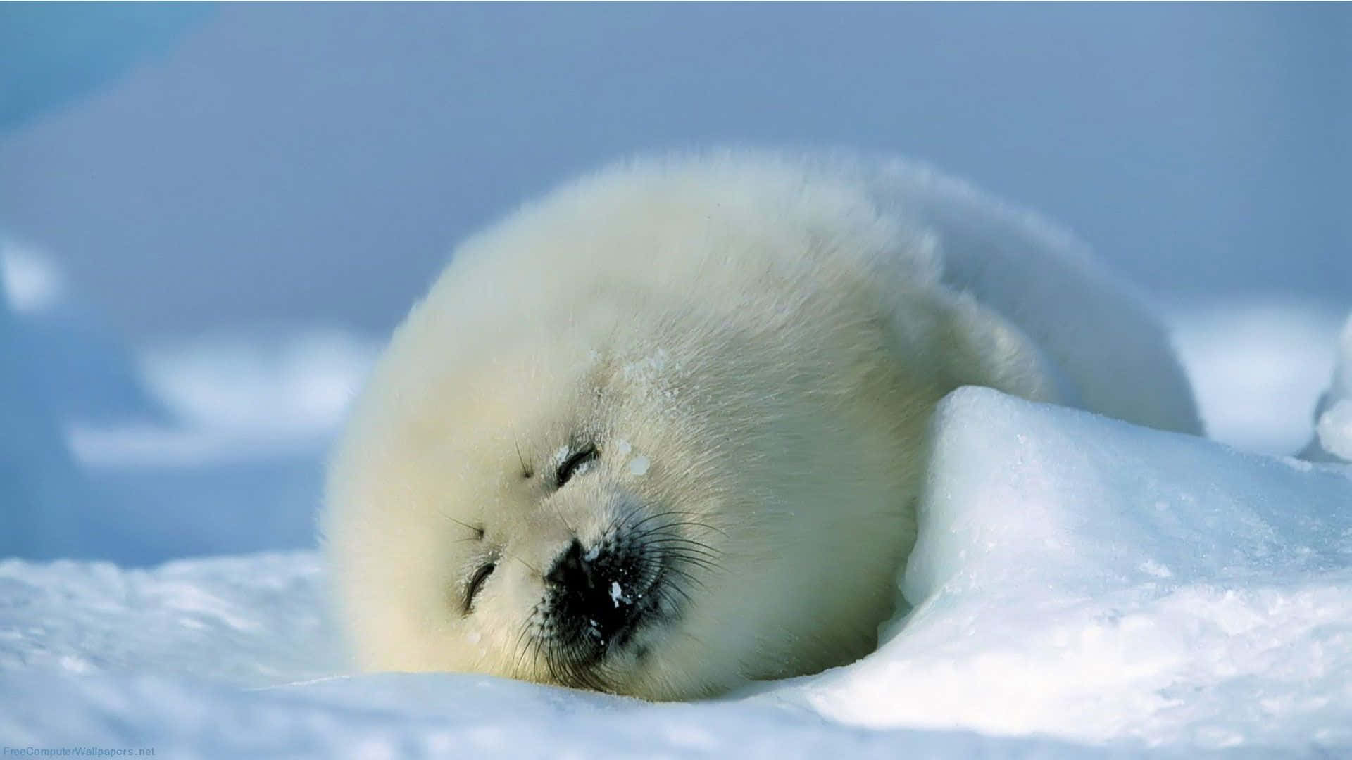 Winter Animal 桌布 壁紙 — 一隻毛茸茸的白色海豹寶寶在柔和的藍光下，在雪白的冰塊上安然入睡。