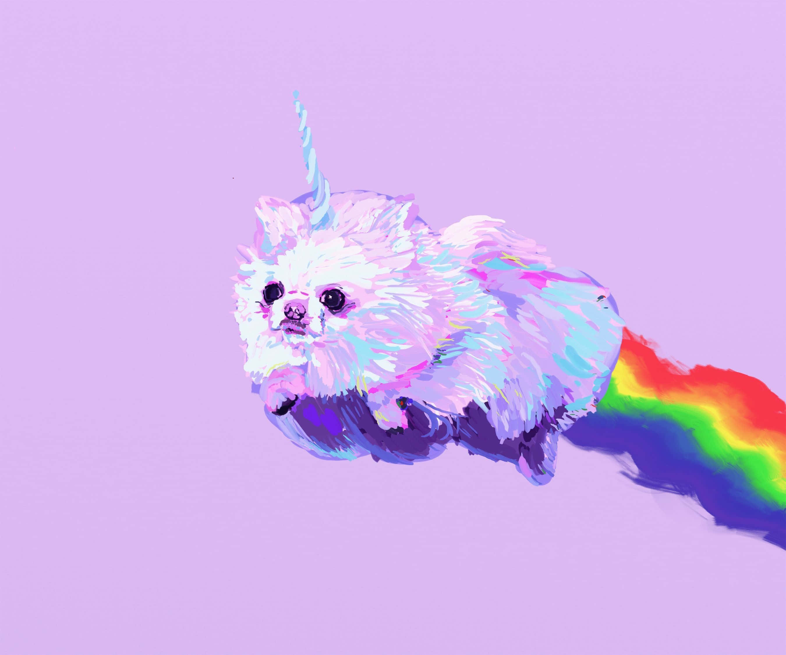 Kawaii Dog 桌布 壁紙 — 一隻毛茸茸的白色狗，有獨角獸角和彩虹痕跡，在柔和的薰衣草背景上飛翔。