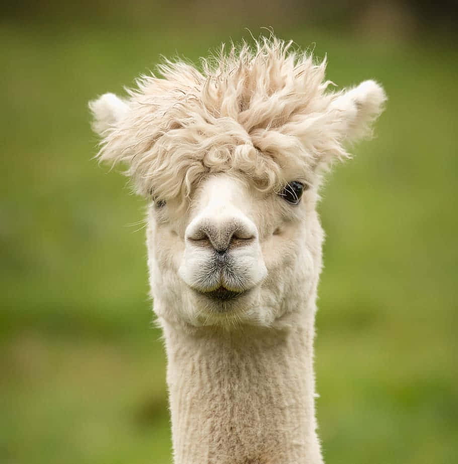 Alpaca 桌布 壁紙 — 一隻毛茸茸的白色羊駝，頭頂有一團亂糟糟的羊毛，在柔和的綠色背景下直視鏡頭的特寫。