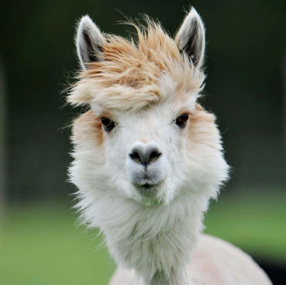 Alpaca 桌布 壁紙 — 一隻毛茸茸的白色羊駝近距離特寫，凌亂的棕褐色鬃毛看起來像時尚的髮型。