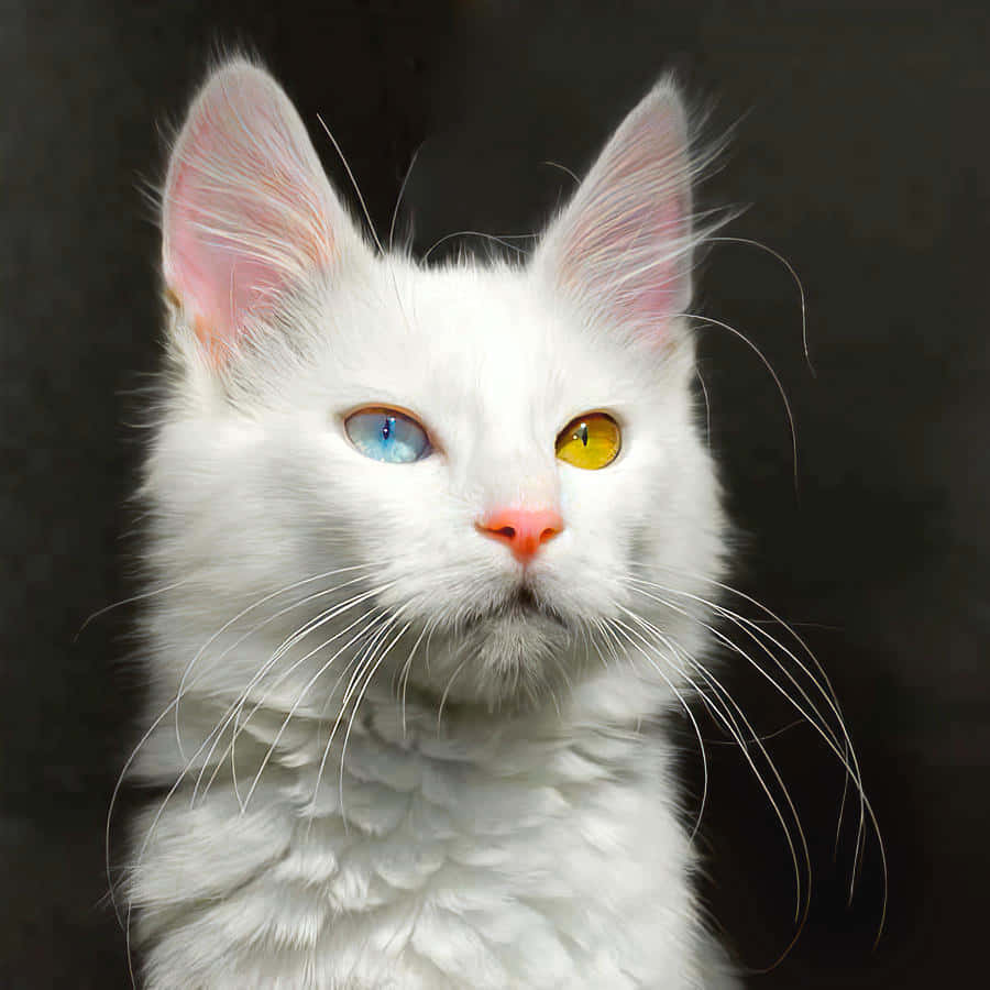 Turkish Angora 桌布 壁紙 — 一隻毛茸茸的白貓特寫，擁有引人注目的異色瞳，一藍一金，背景為深色。