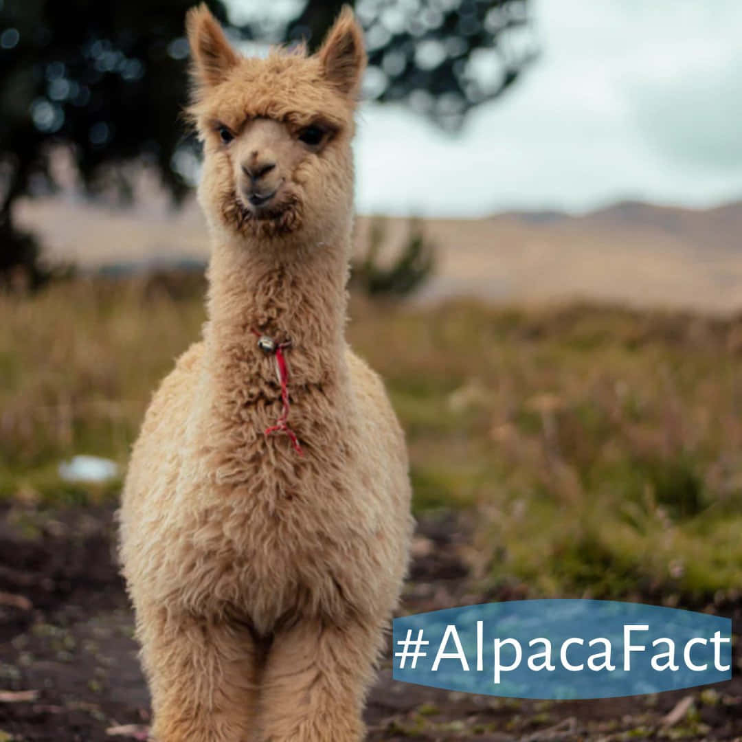 Alpaca 桌布 壁紙 — 一隻毛茸茸的米色羊駝站在草地上，背景有樹木和山丘。