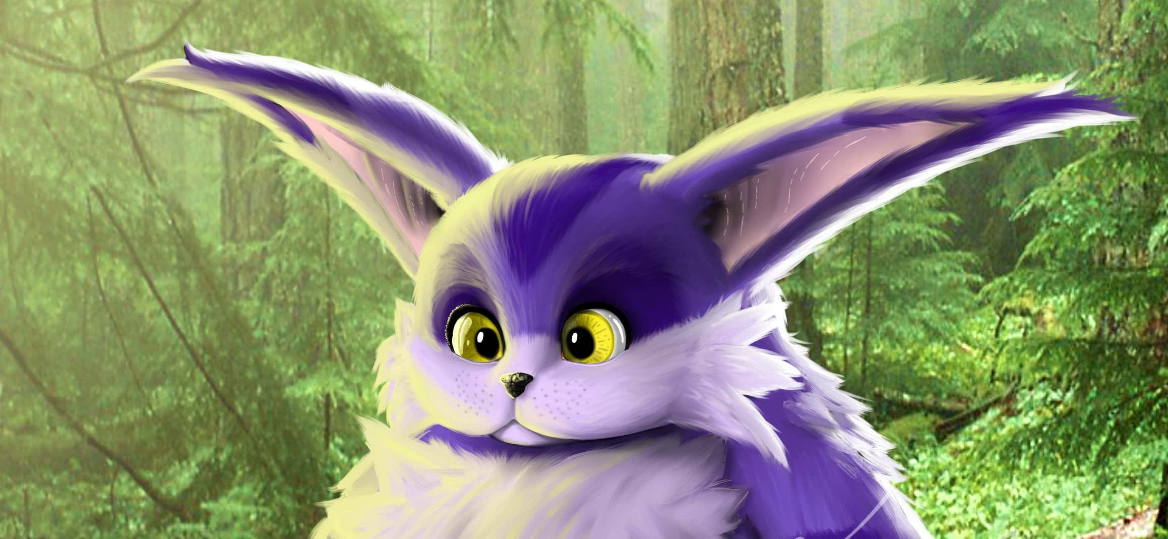 Big The Cat 桌布 壁紙 — 一隻毛茸茸的紫色和黃色狐狸狀生物，有著巨大的耳朵，從霧氣瀰漫的綠色森林中好奇地探出頭來。