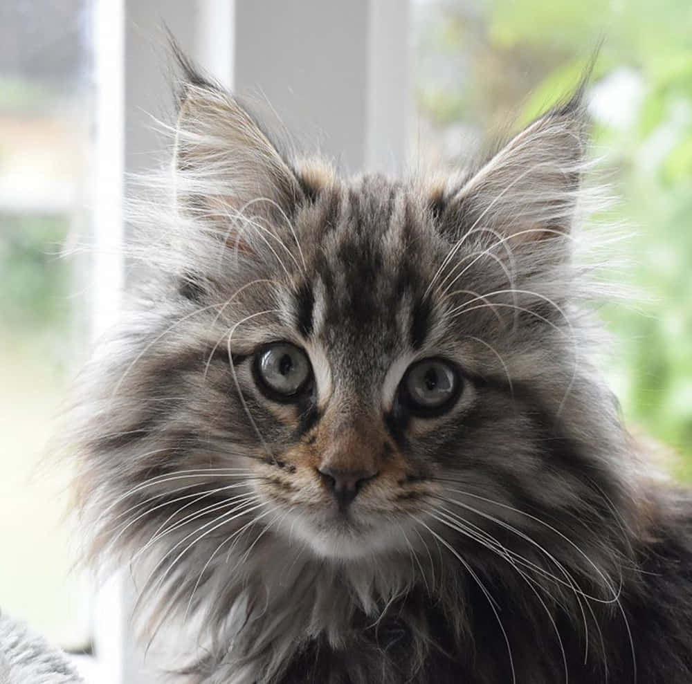 Norwegian Forest Cat 桌布 壁紙 — 一隻毛茸茸的虎斑小貓，睜著好奇的大眼睛，在明亮的窗戶旁直視鏡頭。