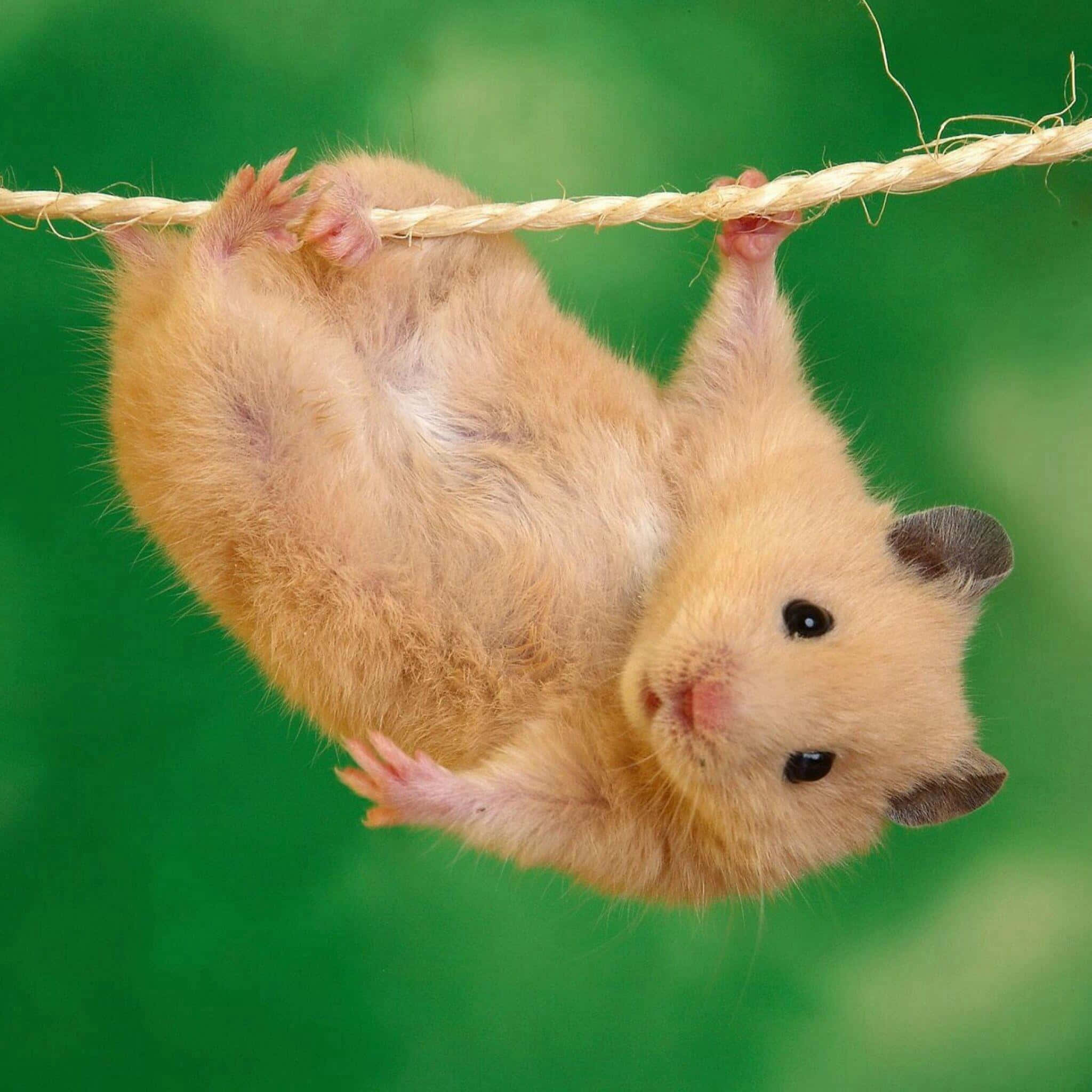 Gerbil 桌布 壁紙 — 一隻毛茸茸的金色倉鼠倒掛在繩子上，背景是鮮豔的綠色。
