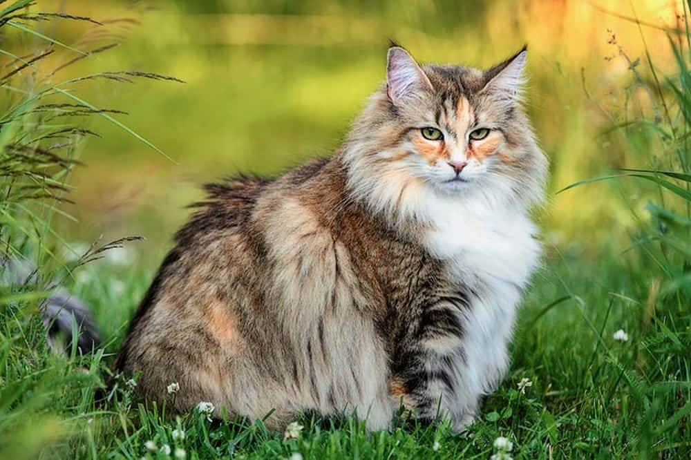Norwegian Forest Cat 桌布 壁紙 — 一隻毛茸茸的長毛貓，綠色眼睛，在溫暖的陽光下威嚴地坐在鮮綠的草地上。