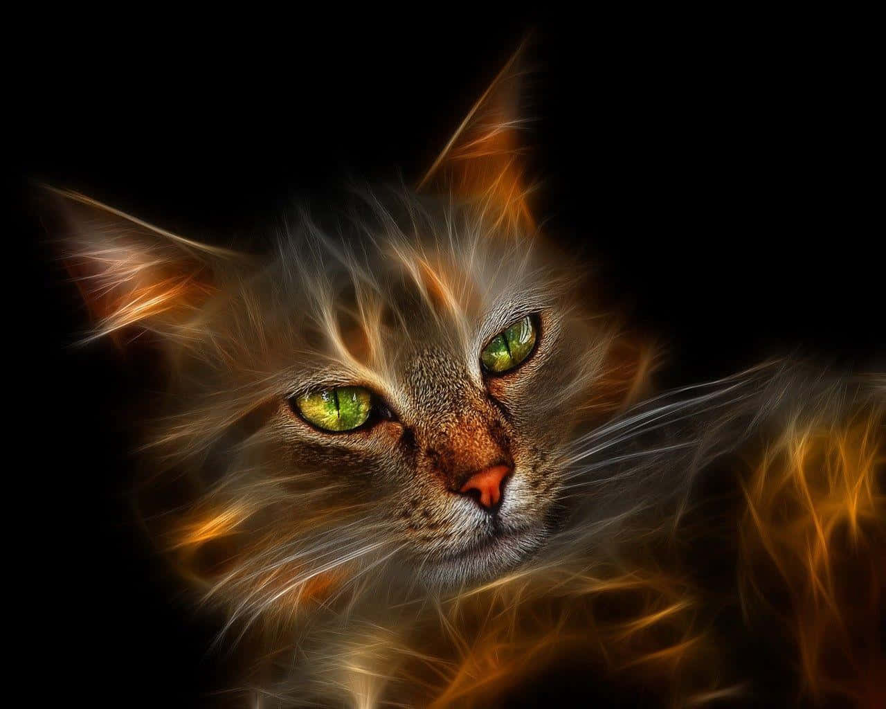 Cool Cat 桌布 壁紙 — 一隻毛髮如火、眼睛發出綠光的貓，在黑色背景上帶有耀眼的橙色和金色條紋，凝視著前方。