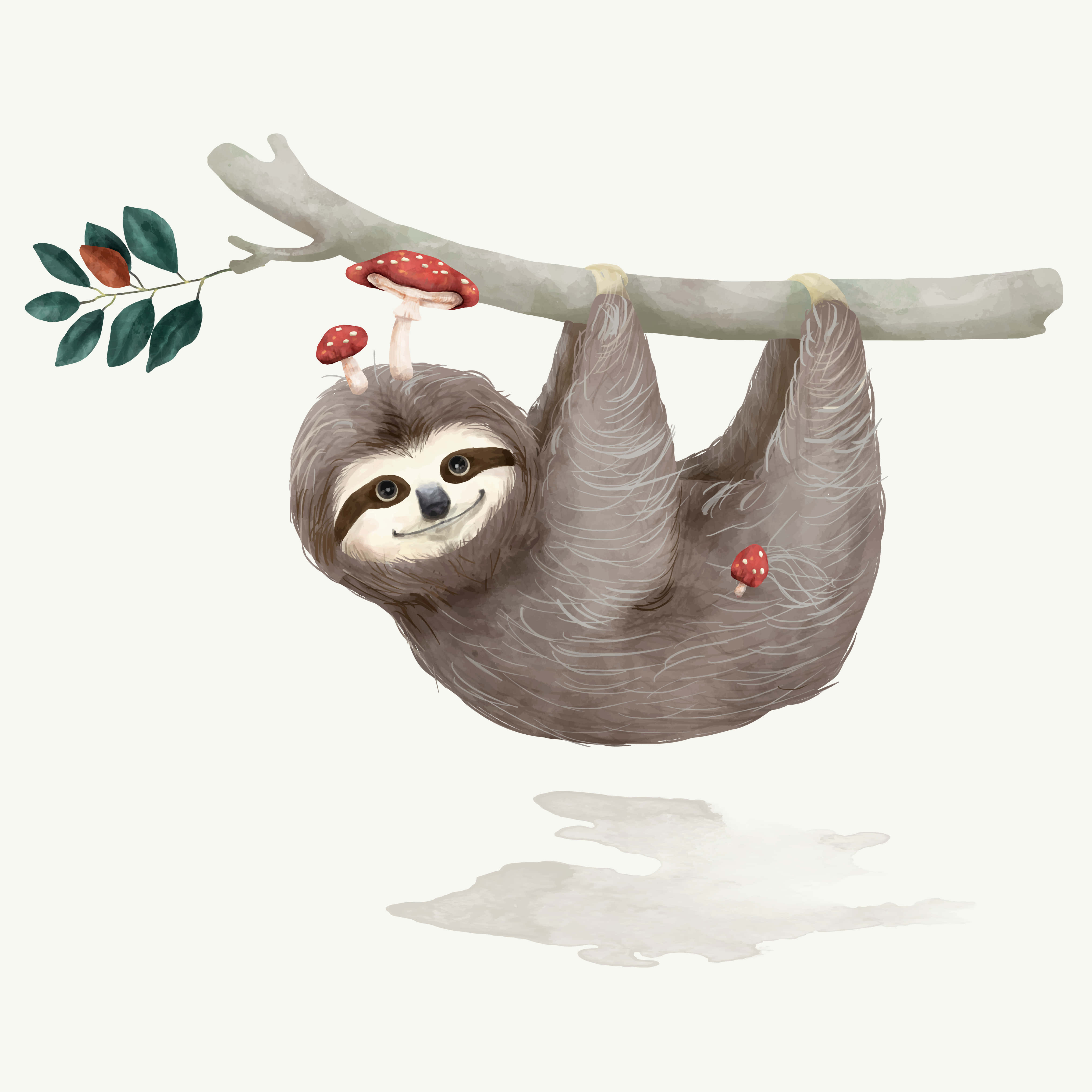 Kawaii Sloth 桌布 壁紙 — 一隻水彩樹懶倒掛在樹枝上，身體和附近的葉子上長著紅色蘑菇。