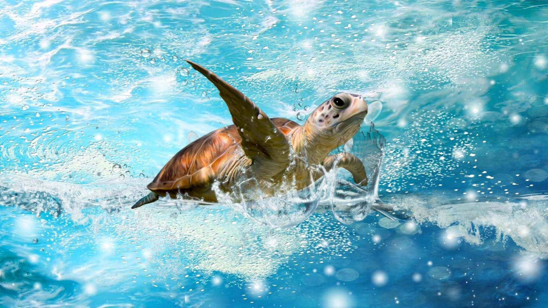 Turtle 桌布 壁紙 — 一隻海龜強而有力地衝破充滿活力的碧綠色海水，在其鰭狀肢周圍產生閃閃發光的水花和氣泡。