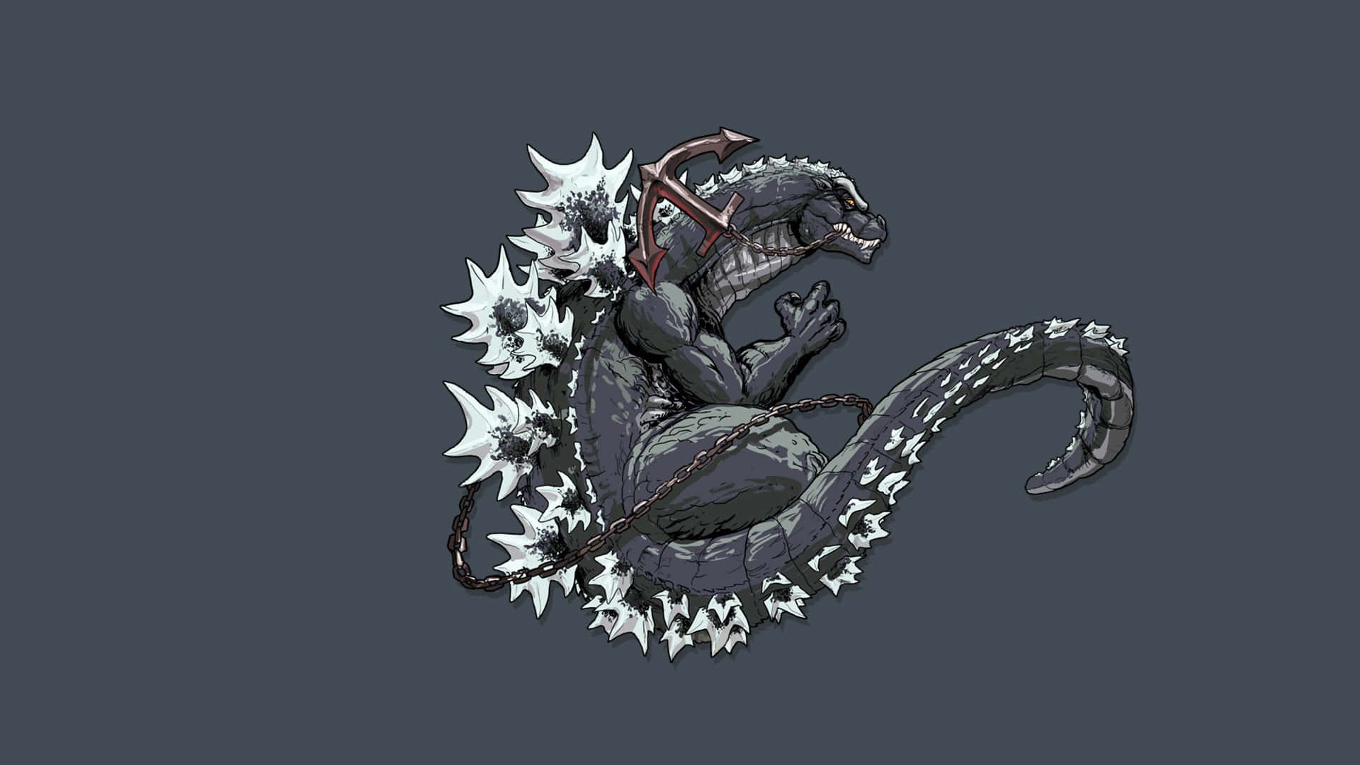Godzilla Art 桌布 壁紙 — 一隻深灰色哥斯拉，背部有尖刺，脖子上鎖著錨，蜷縮在灰色背景上。