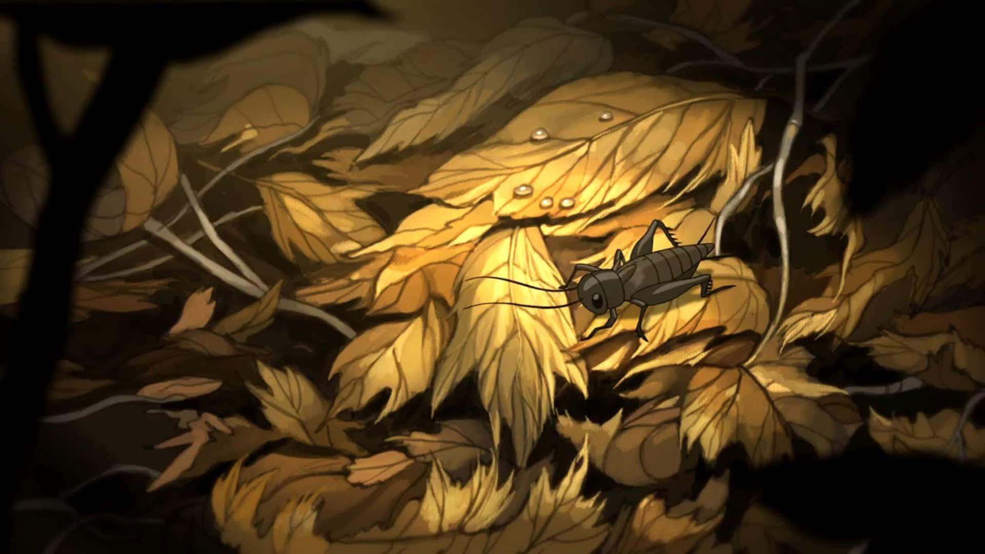 over the garden wall 桌布 壁紙 — 一隻深色嘅蟋蟀喺陰暗森林地面嘅金色秋葉上休息，被溫暖嘅聚光燈照亮。