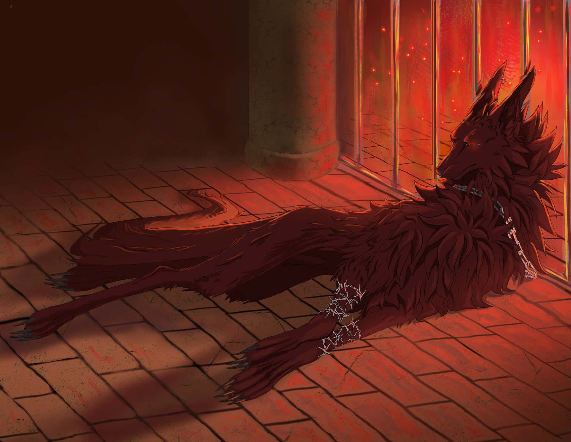 Red Wolf 桌布 壁紙 — 一隻深色毛髮的狼戴著尖刺項圈，一動不動地躺在紅磚地板上，被玻璃門透進的溫暖光芒所沐浴。
