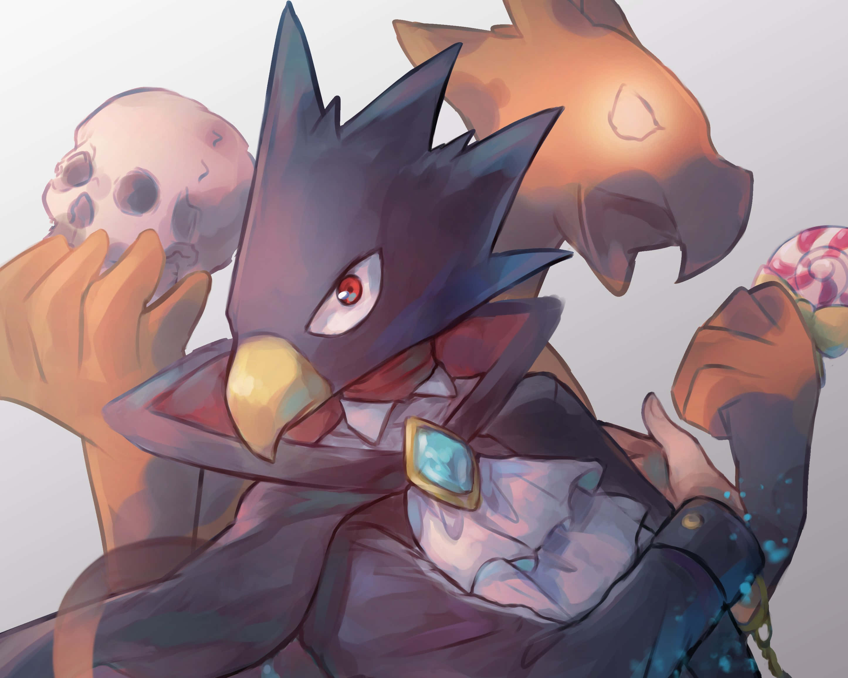 Fumikage Tokoyami 桌布 壁紙 — 一隻深色羽毛的動漫鳥，紅眼睛，拿著一個頭骨和棒棒糖，身後有一個發光的狐狸頭隱現。