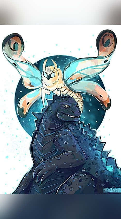 Godzilla Comic 桌布 壁紙 — 一隻深藍色的哥斯拉站在發光的月亮下，一隻發光眼睛的半透明飛蛾狀生物在他上方盤旋。