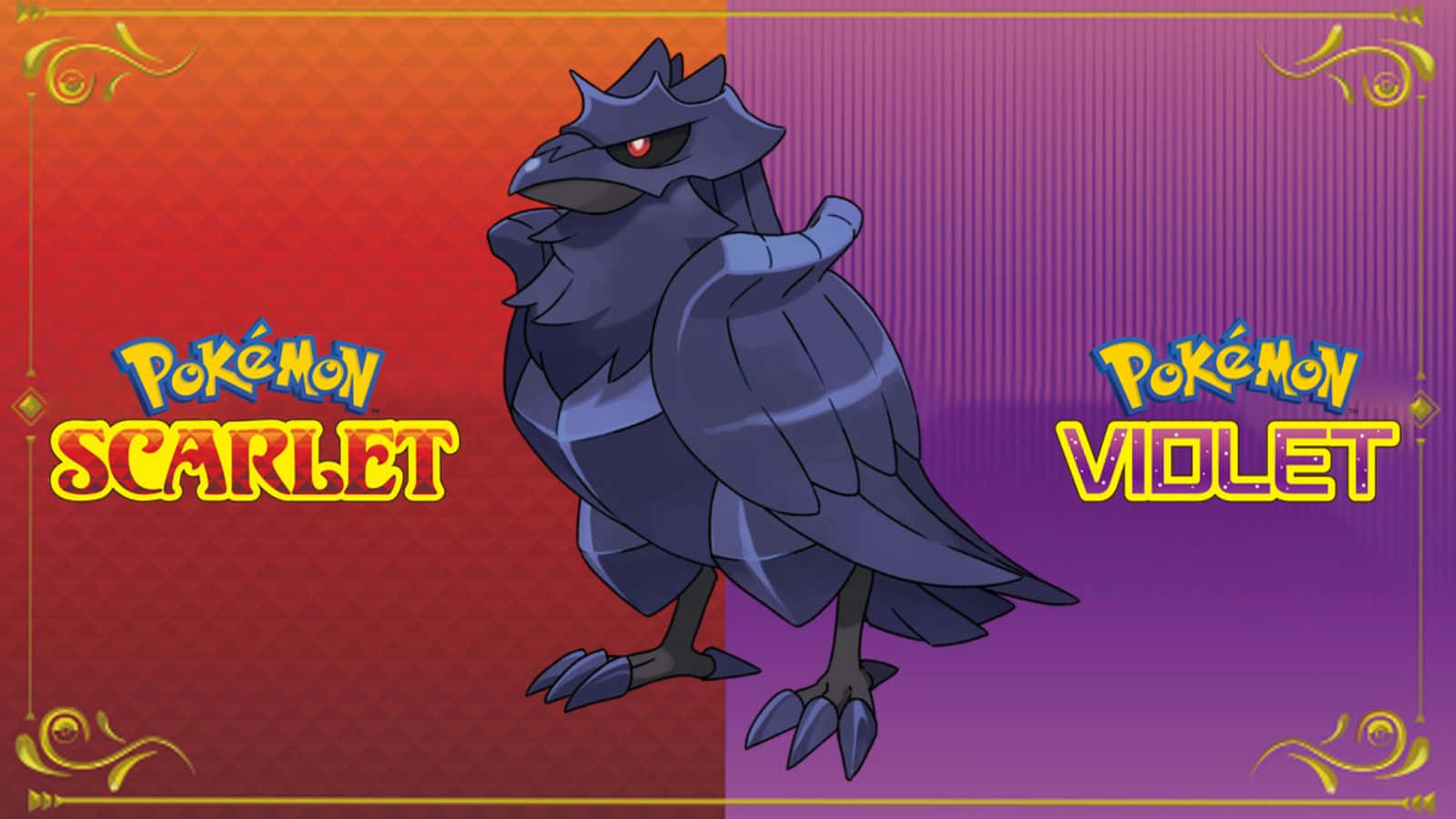 Corvisquire Pokémon HD 壁紙 — 一隻深藍色鳥狀寶可夢站在中央，背景為紅紫分割，飾有華麗金色邊框和遊戲標題。