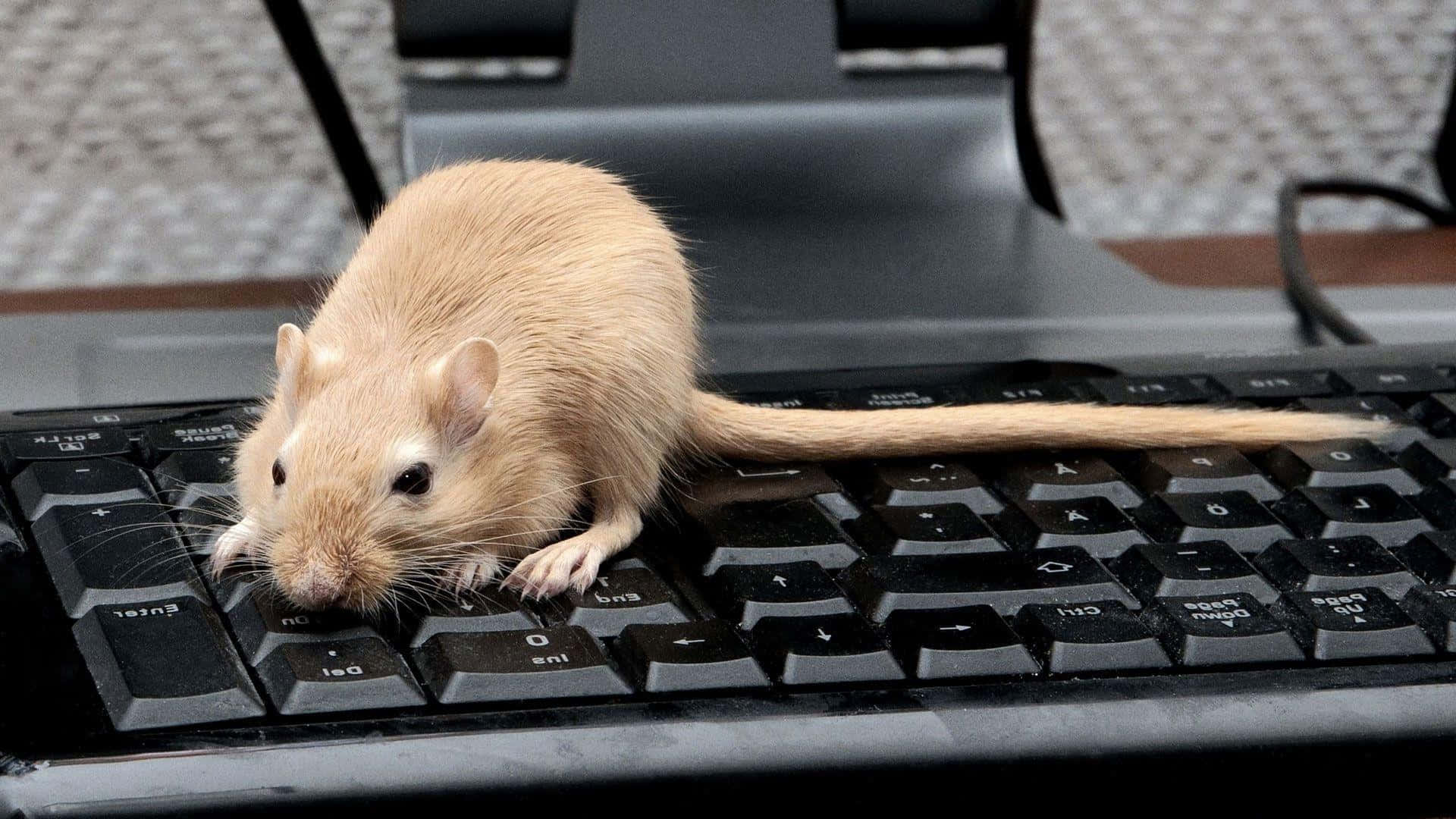 Gerbil 桌布 壁紙 — 一隻淺棕色長尾細沙鼠好奇地坐在黑色電腦鍵盤上。
