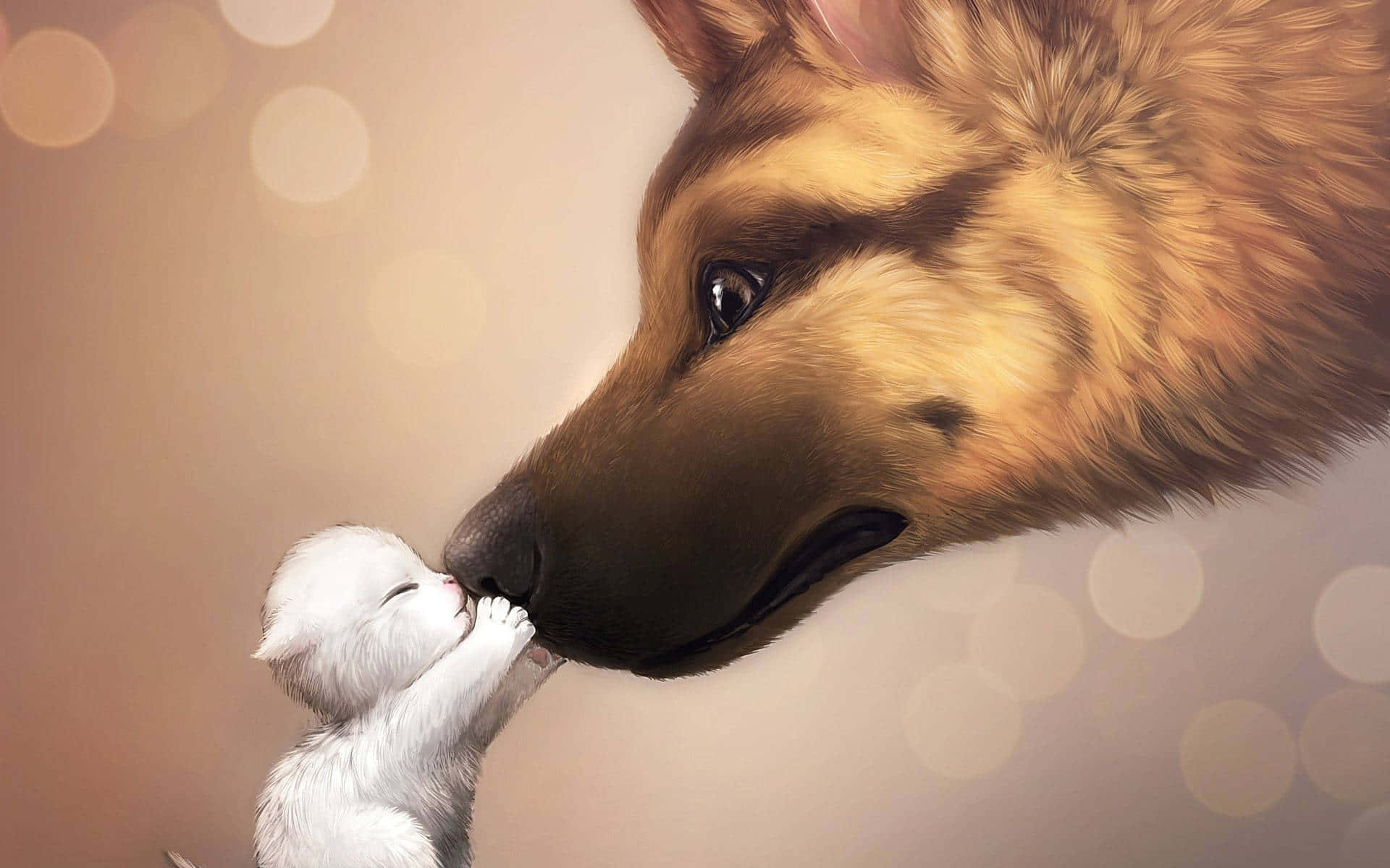 Wolf Pup 桌布 壁紙 — 一隻溫柔的德國牧羊犬用鼻子輕觸一隻白色小貓咪，背景是柔和的散景。