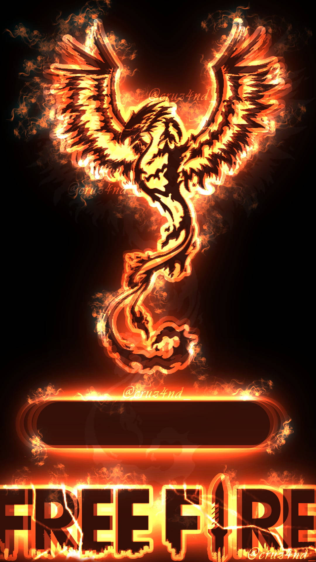 Fiery Free Fire 2021 Logo 壁紙 — 一隻火焰鳳凰展開翅膀從火焰中出現，背景為黑色，下方有發光的「FREE FIRE」文字。