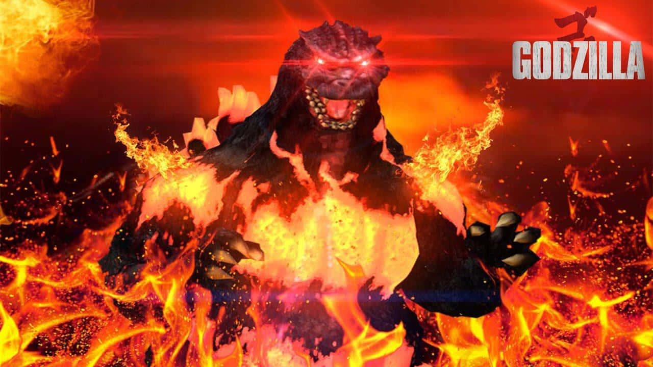 Burning Godzilla 桌布 壁紙 — 一隻火熱的哥斯拉從火焰中出現，眼睛發出紅光，熔岩從身體噴出，背景是熾熱的橙色天空。