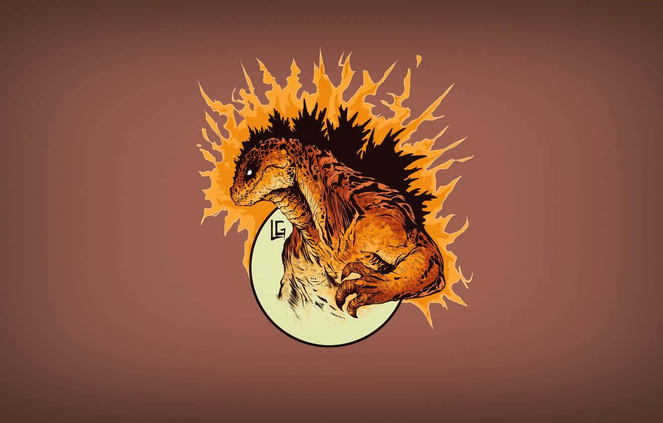 Burning Godzilla 桌布 壁紙 — 一隻火熱的插畫恐龍從圓形框架中衝出，背景為柔和的棕色。