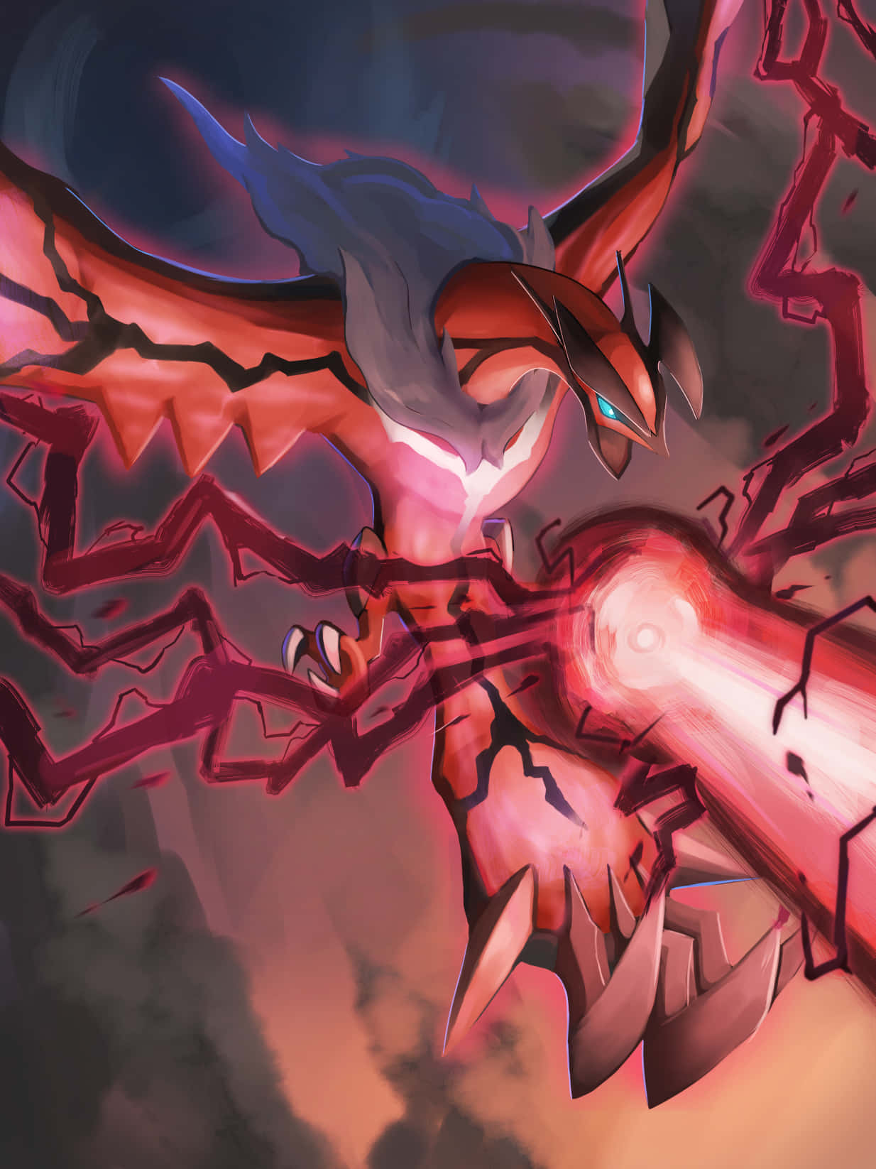 Pokemon Fan Art 桌布 壁紙 — 一隻火紅和藍色的龍狀生物在雷電交加的暴風雨中釋放出強大的能量衝擊波。