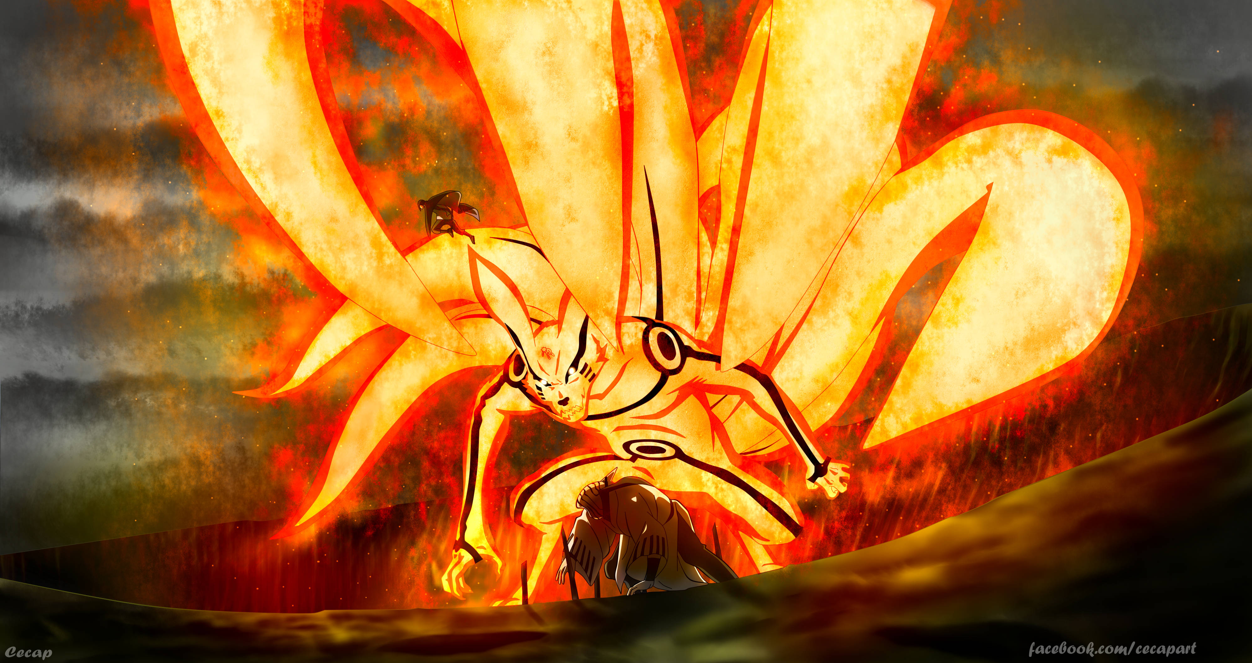 Kurama 桌布 壁紙 — 一隻火紅的九尾狐，擁有發光的橙色毛皮和鋒利的爪子，站在岩石懸崖上，背景是暴風雨的天空。