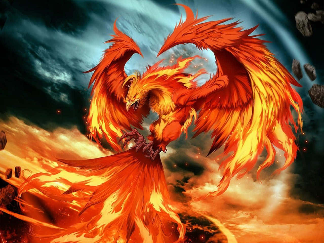 一隻火鳳凰在天空中翱翔 壁紙