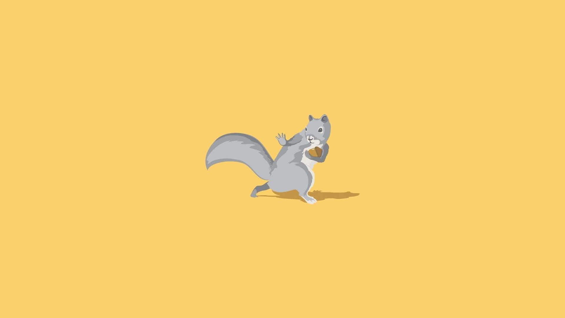 Minimalist Animal 桌布 壁紙 — 一隻灰色卡通松鼠站在黃色背景上，舉起一隻爪子拿著堅果。