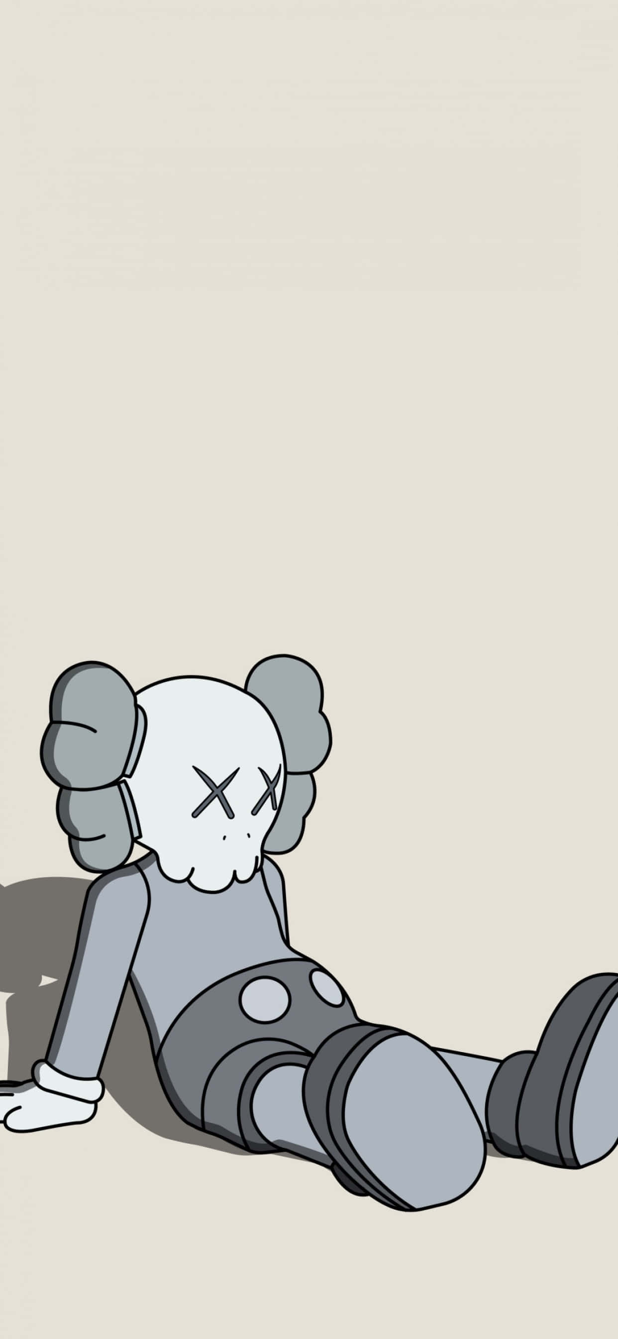 Kaws Holiday 桌布 壁紙 — 一隻灰色卡通熊，眼睛呈X形，癱坐在簡約的米色牆壁旁，這是一幅極簡的數位插圖。