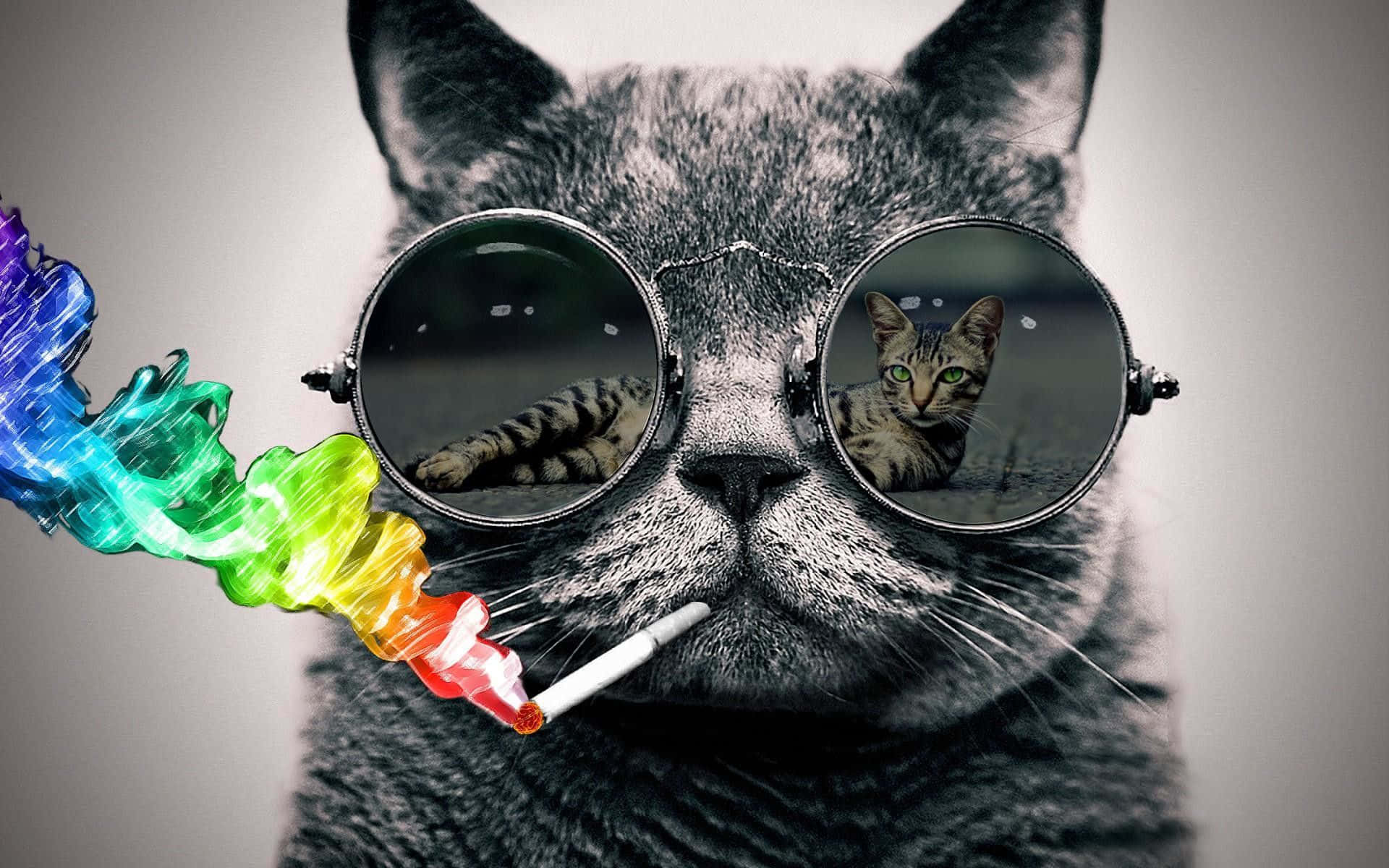 Cool Cat 桌布 壁紙 — 一隻灰色貓咪戴著圓形太陽眼鏡，呼出鮮豔的彩虹煙霧，鏡片中反射出另一隻貓咪。