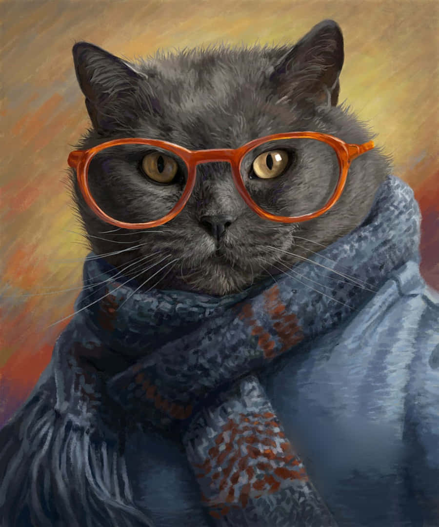 Cool Cat 桌布 壁紙 — 一隻灰色貓咪戴著橙色眼鏡和藍色圍巾，在溫暖的抽象背景前專注地凝視。