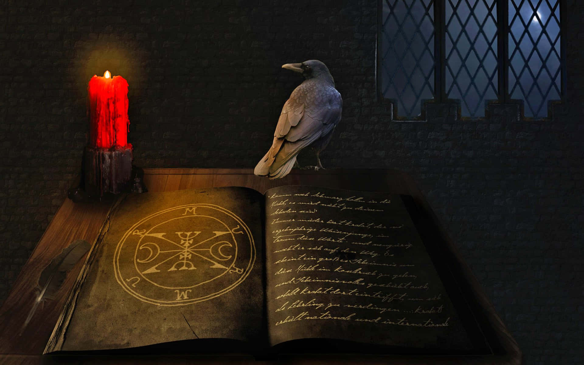 Halloween Books 桌布 壁紙 — 一隻烏鴉棲息在一本打開的古老魔法書旁，旁邊有一根閃爍的紅蠟燭，在昏暗的石室中。