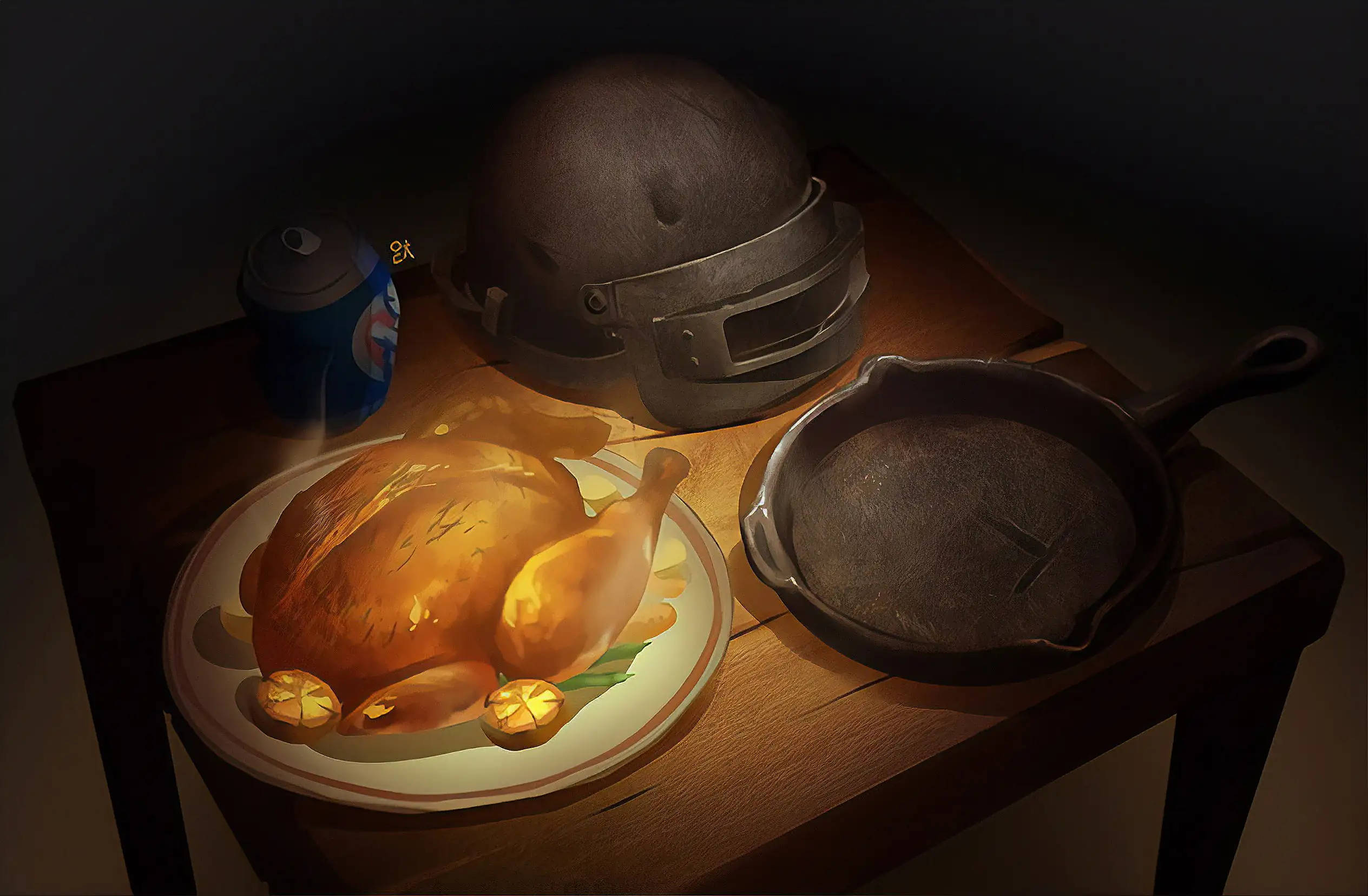 Playerunknown's Battlegrounds 桌布 壁紙 — 一隻烤雞配檸檬裝飾放在碟上，旁邊有頭盔和煎鍋，在木桌上溫暖的聚光燈下。