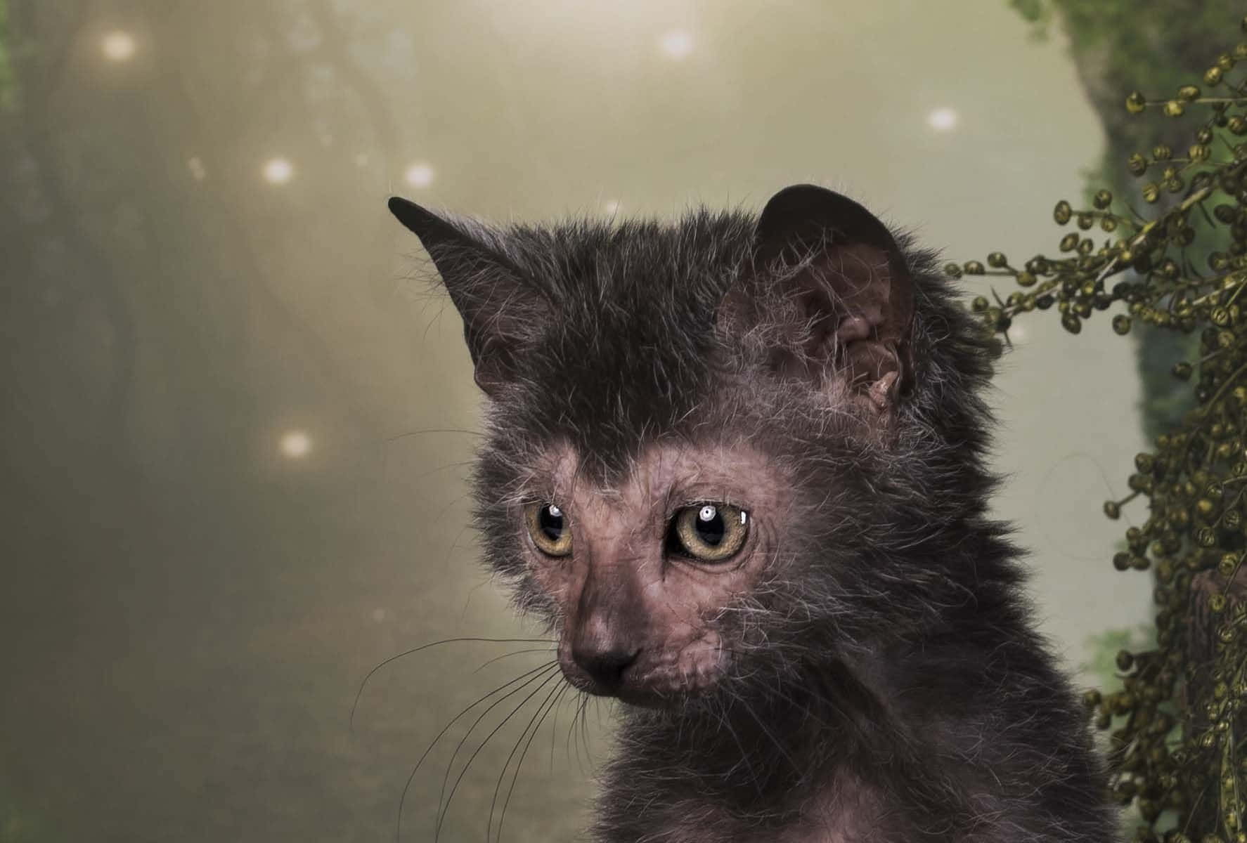Lykoi 桌布 壁紙 — 一隻無毛灰色小貓的特寫，擁有琥珀色大眼睛，在柔和發光的森林背景下專注地凝視。