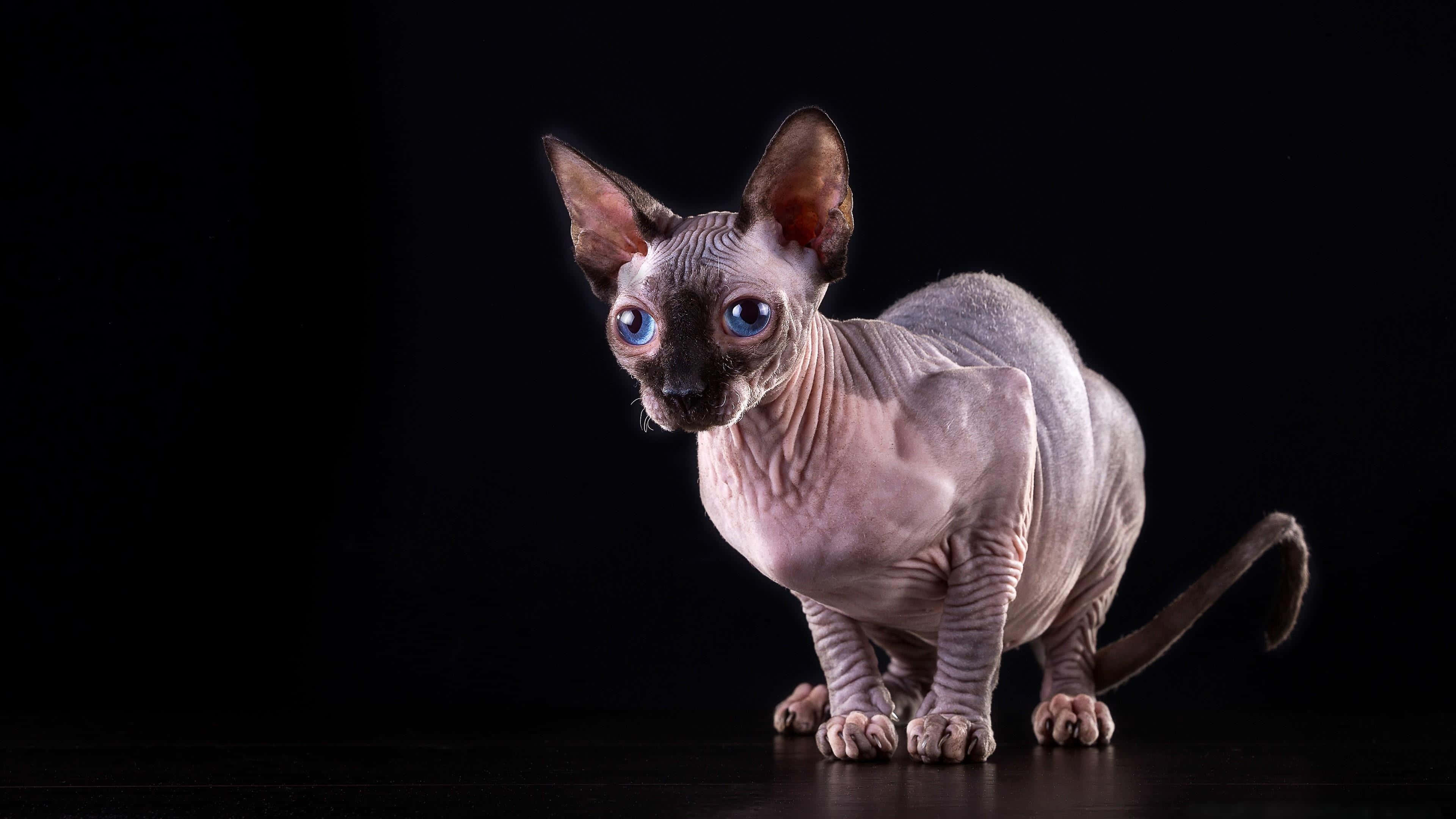 Sphynx 桌布 壁紙 — 一隻無毛的斯芬克斯貓，擁有引人注目的藍色眼睛，在 stark 黑色背景前警覺地站立。