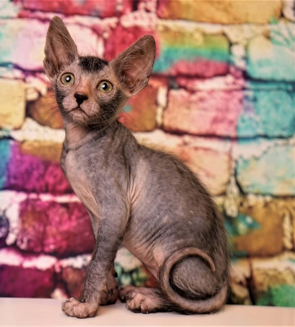Lykoi 桌布 壁紙 — 一隻無毛的斯芬克斯貓，有大耳朵和大眼睛，警覺地坐在色彩繽紛的油漆磚牆背景前。