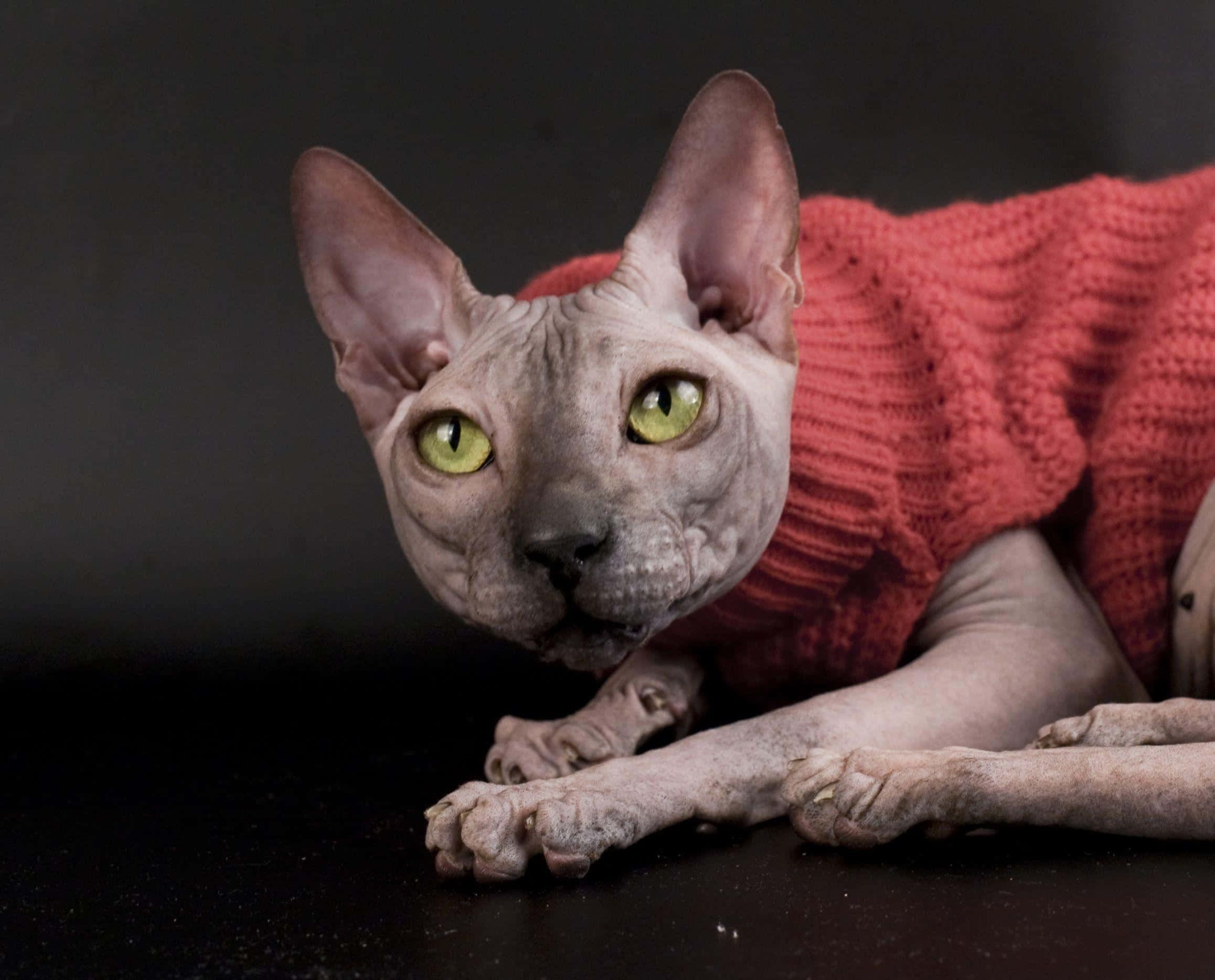 Sphynx 桌布 壁紙 — 一隻無毛的斯芬克斯貓，有著明亮的綠色眼睛，在深色背景下穿著舒適的紅色針織毛衣。