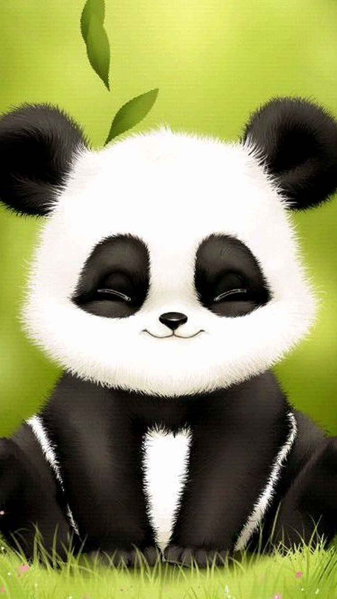 一隻熊貓藏身於叢林葉片中 壁紙 — 一隻可愛的卡通熊貓閉著眼睛坐在綠草上，樹葉在上方飄浮。