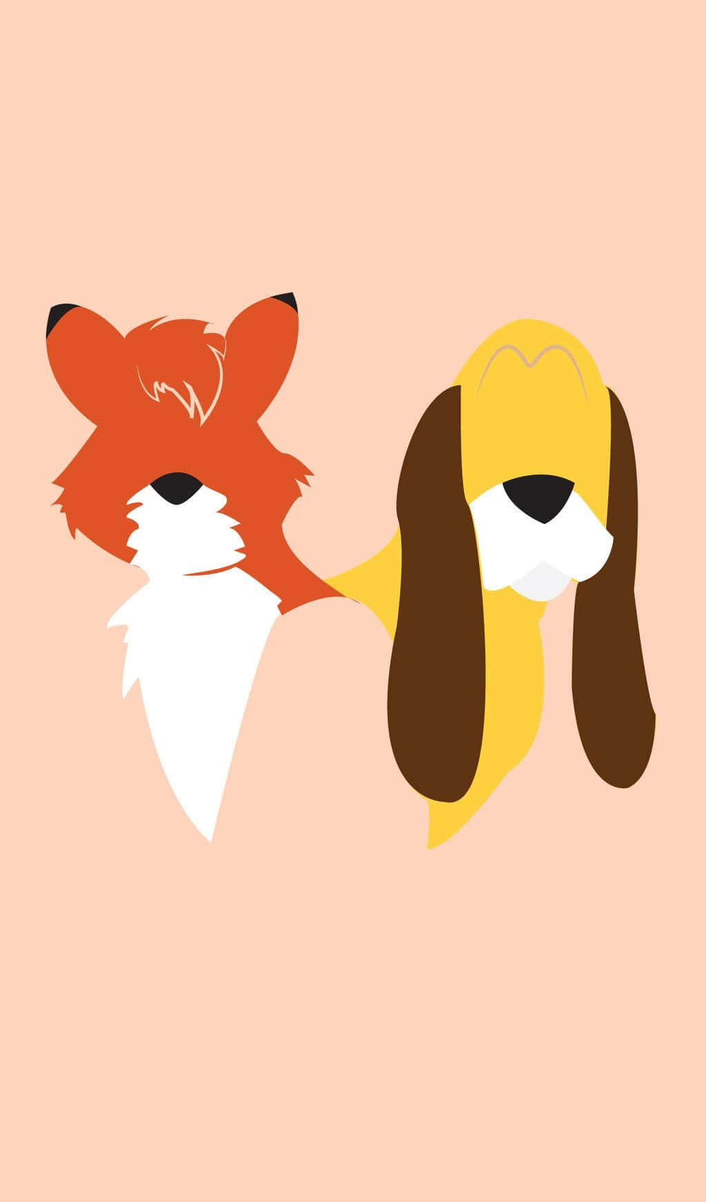 the fox and the hound 桌布 壁紙 — 一隻狐狸和一隻比格犬在柔和蜜桃色背景上相對而立的極簡插圖。