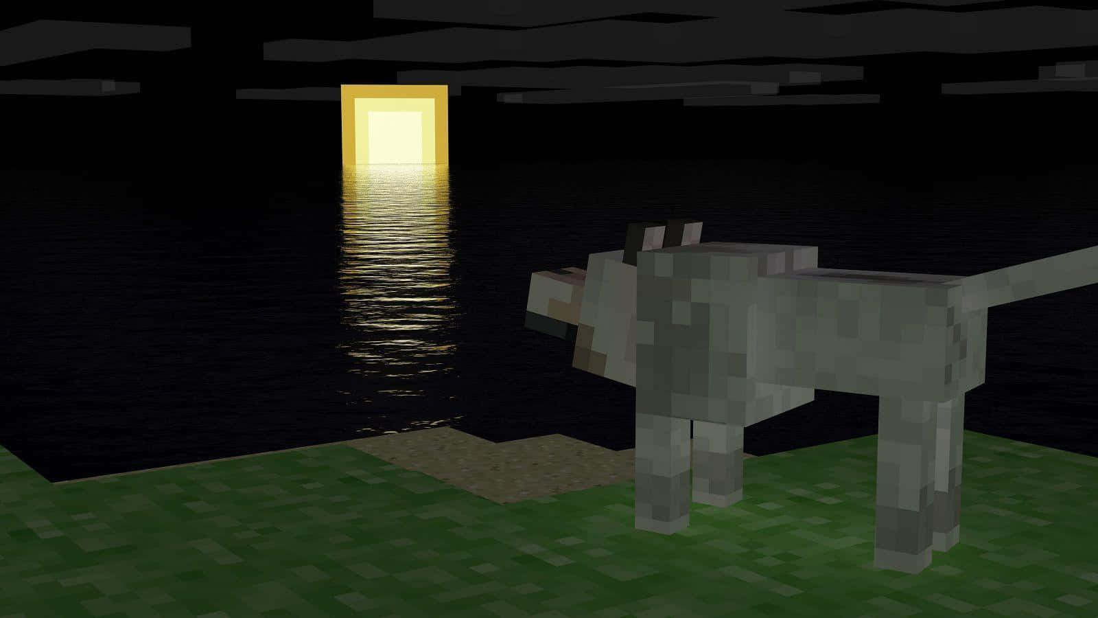 一隻狗站在水邊靠近燈光處 壁紙