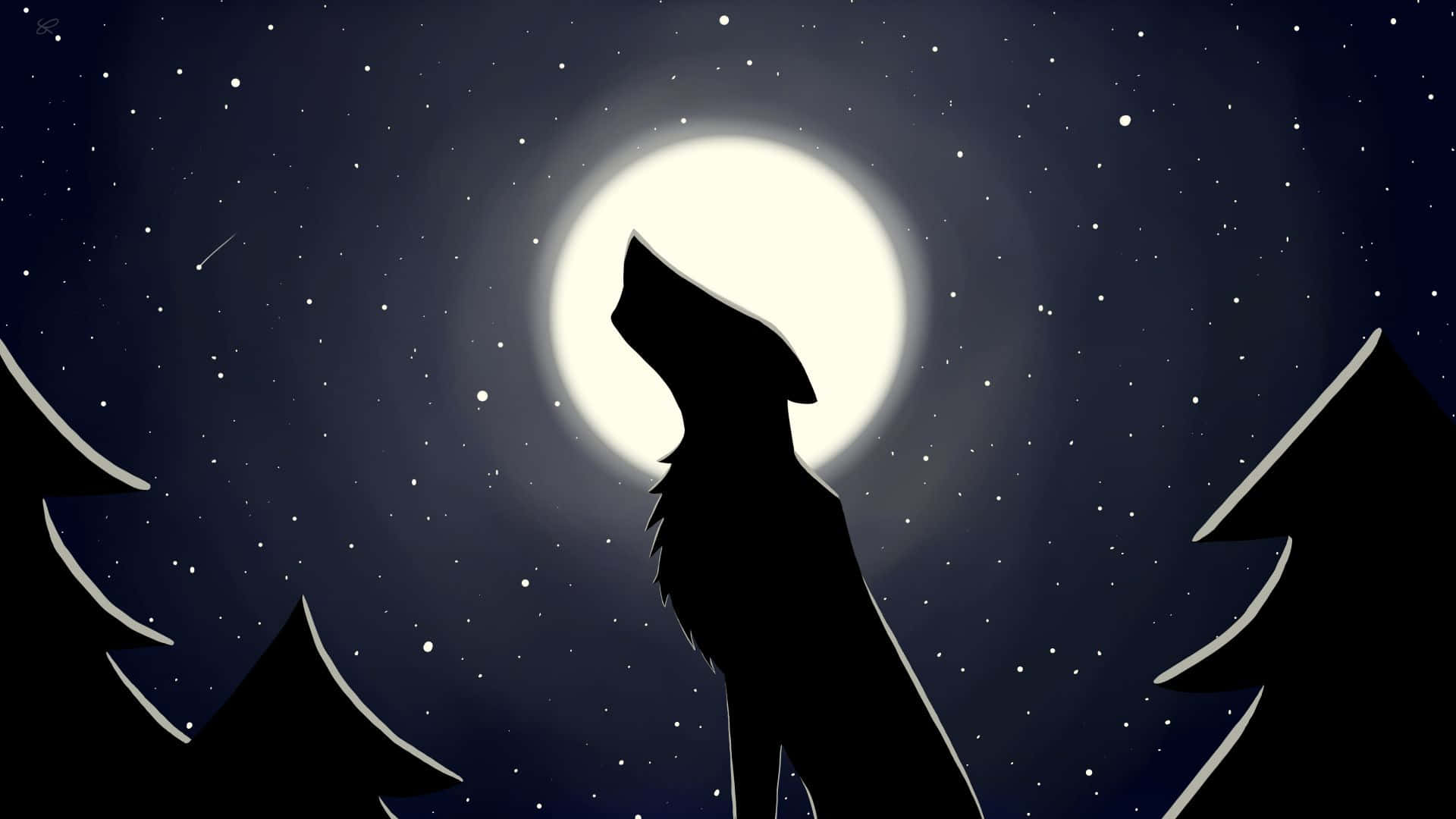 狼在星空下對著滿月嚎叫，有松樹