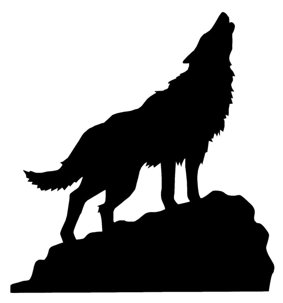 Wolf Silhouette 桌布 壁紙 — 一隻狼在岩石上嚎叫的鮮明黑色剪影，背景為純白色。