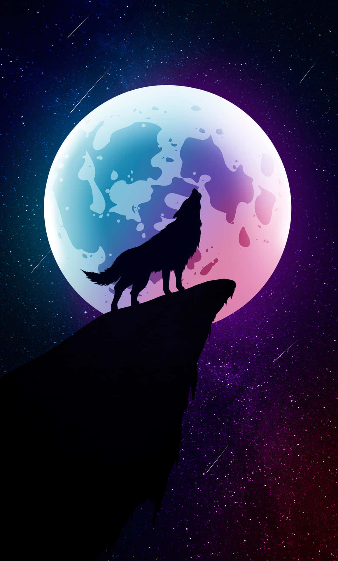 狼在星空下對著彩色月亮嚎叫